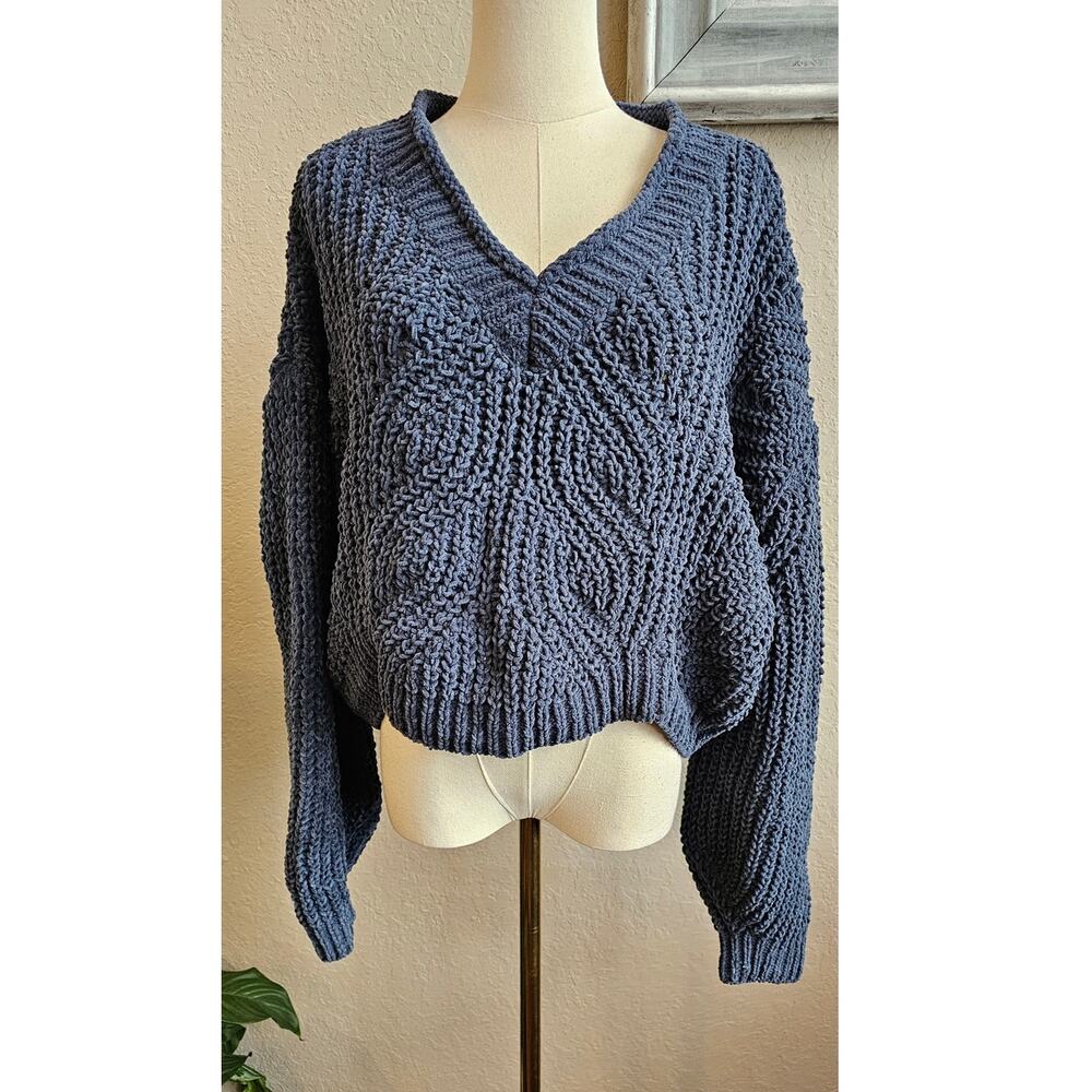 Pol Sweater Women's Boxy Cable‎ Knit Cropped Chenille Sweater Size M Slate Blue